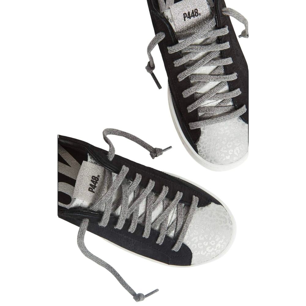 P448 John W sneakers 37 US 7 black silver metallic leopard print lace-up low top